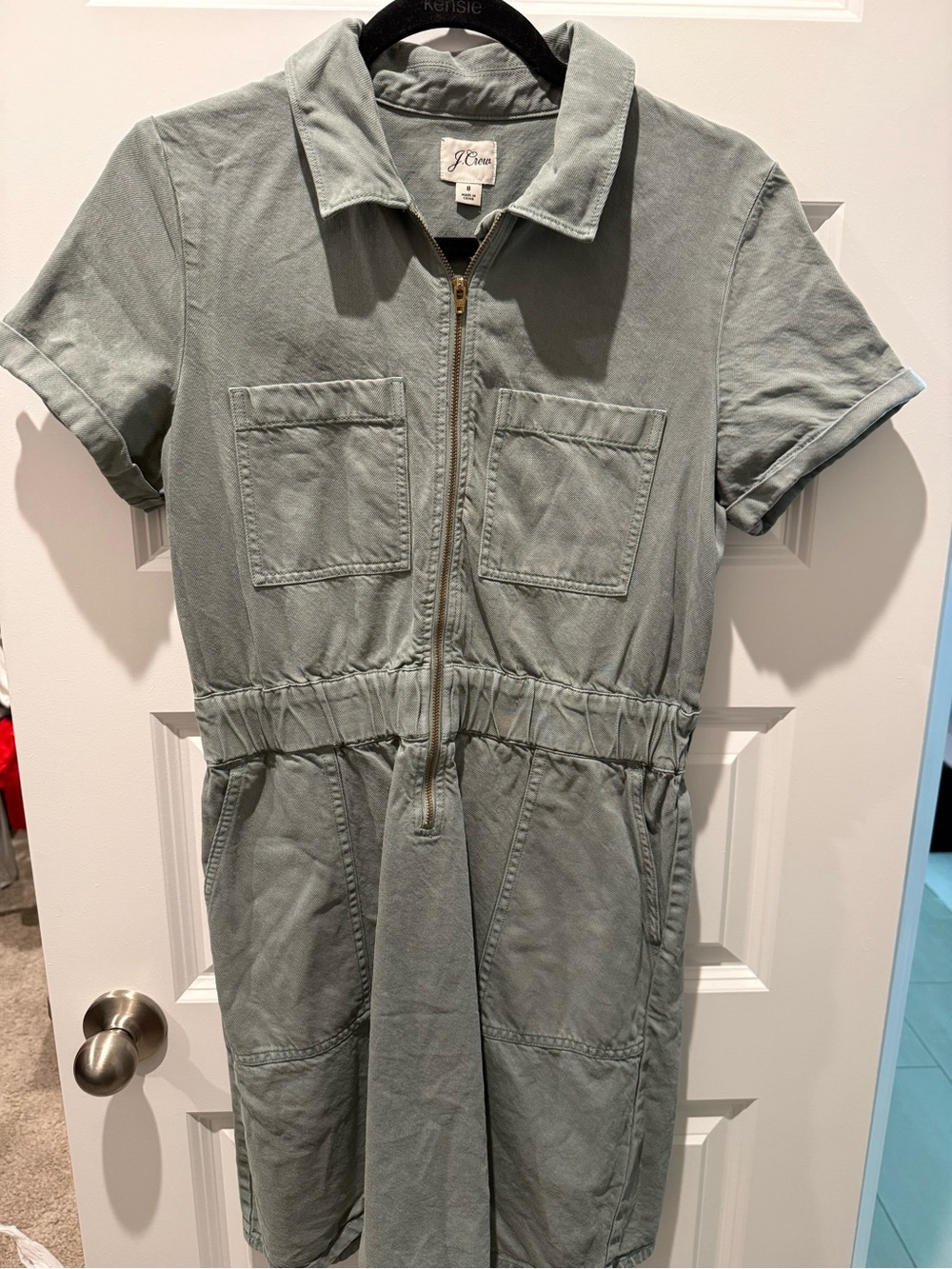 J. Crew Short-Sleeve Zip Front Utility Dress in Sage